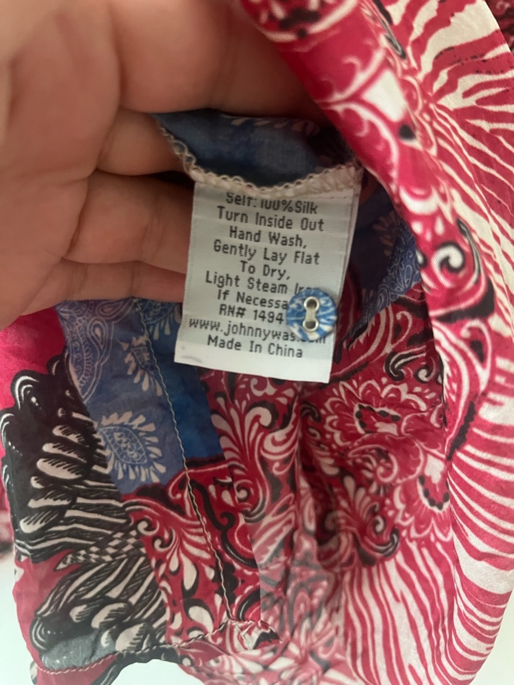 Johnny Was 100% Silk Patchwork Floral-Print Button-Up Blouse - Red & Blue - Picture 4 of 4